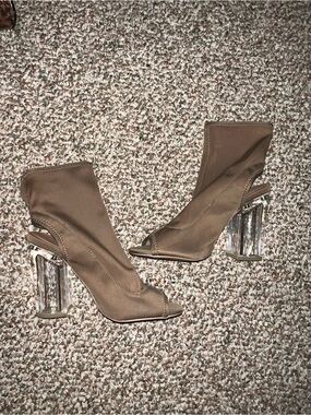 Women's Taupe Peep-Toe Sock Booties with Clear Block Heel
